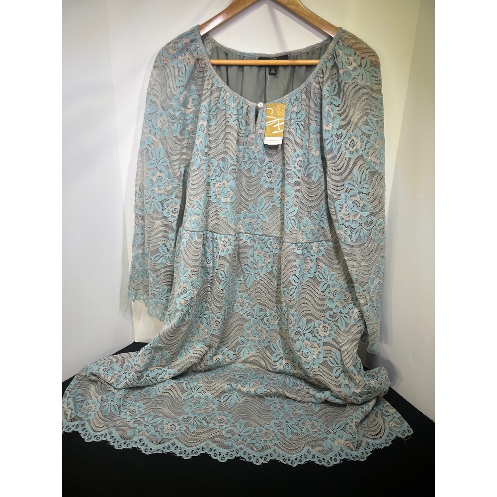 Suzanne Betro Blue Grey Floral Lace Notch Neck A-Line Dress 3X NWT U0604118